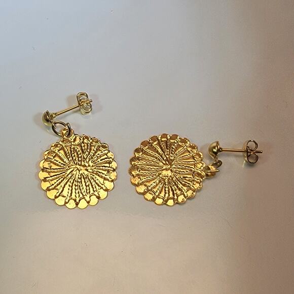 Vintage Earrings 80s Gold Tone Textured Disc Studs Bold Statement Jewelry - Picture 3 of 10